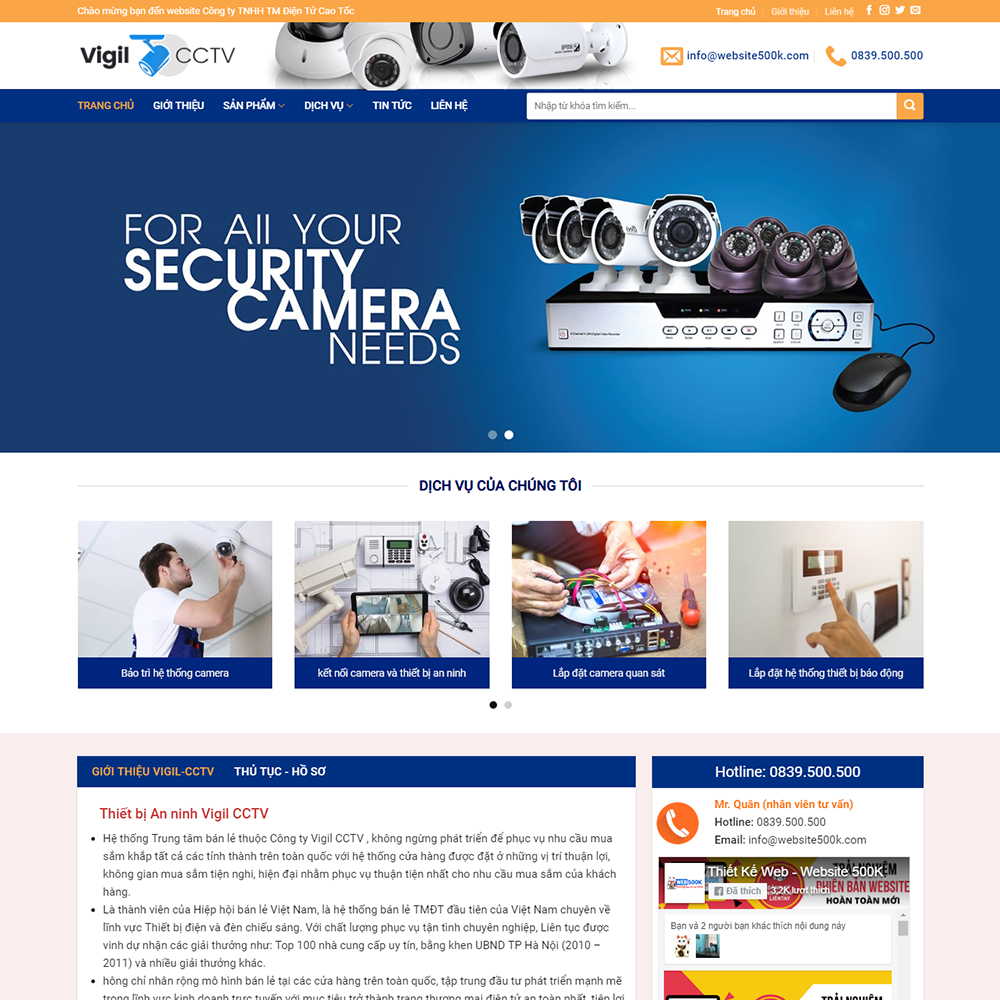 Thiết kế Website dịch vụ lắp đặt camera Vigil CCTV